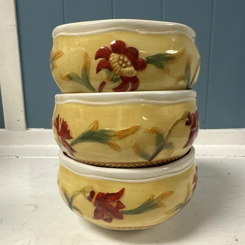 Fitz & Floyd Bellacara Hand-painted Cereal Soup Bowls Set Of‎ 3 Floral RARE